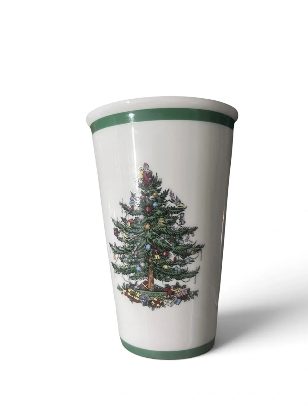 Spode White Travel Mug with Green Lid and Christmas Tree Motif